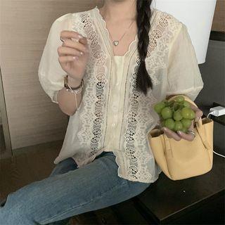 Short-sleeve Lace Trim Top Almond - One Size
