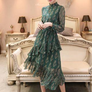 Print Layered Long-sleeve Midi Chiffon A-line Dress