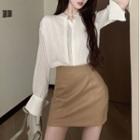 Button-up Striped Blouse / Mini A-line Skirt