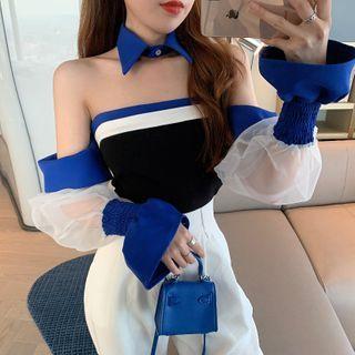 Off-shoulder Color Block Mesh Panel Blouse