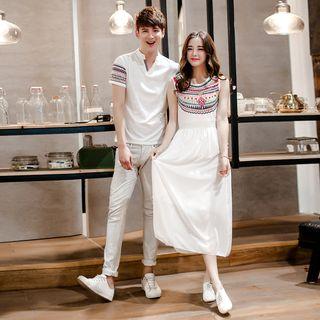 Sleeveless Patterned Midi Dress / Short-sleeve Patterned Polo Shirt