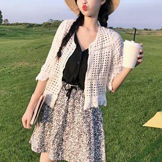 Elbow-sleeve Open Knit Cardigan / Set: Camisole Top + Floral Print A-line Skirt