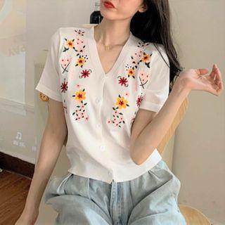 V-neck Floral Knit Cropped Cardigan