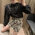 Ruffled Fringed Lace Blouse / Fringed Rhinestone A-line Skirt