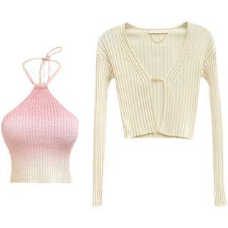 Halter Knit Camisole Top / Lettering Cardigan