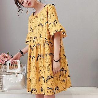 Face Print Elbow-sleeve Mini A-line Dress