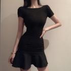 Short-sleeve Faux Pearl Trim Scoop Back Mini Dress