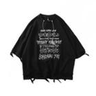 Elbow-sleeve Distressed Lettering Print Chained T-shirt