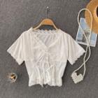 V-neck Short-sleeve Lace Flower Trim Top