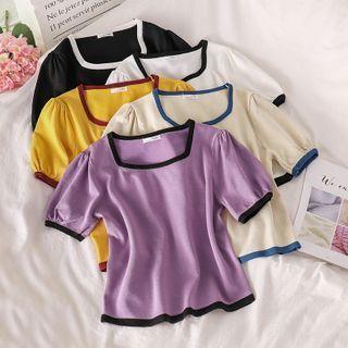 Color-block Square-neck Short-sleeve Slim-fit Knit Top