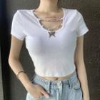 Short-sleeve Butterfly Charm Ribbed Knit Top