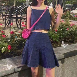 Cropped Camisole Top + High-waist Denim A-line Mini Skirt