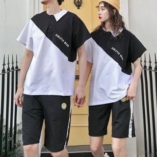 Couple Matching Color Block Short-sleeve T-shirt / Smile Embroidered Shorts