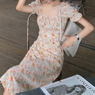 Puff-sleeve Floral Drawstring Midi Sheath Dress