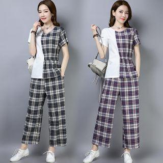 Set: Plaid Short-sleeve Top + Wide Leg Pants
