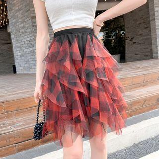 Ruffled Chiffon Plaid Mini Skirt
