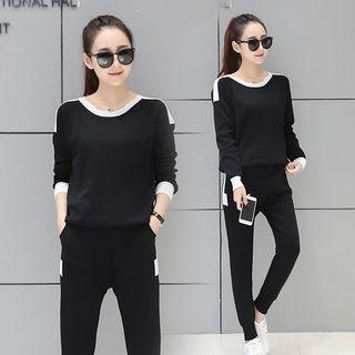 Set: Long-sleeve Two-tone Knit Pullover + Pants