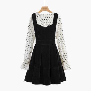 Set: Long-sleeve Dotted Frill Trim Top + A-line Overall Dress Top & Dress - Black - One Size