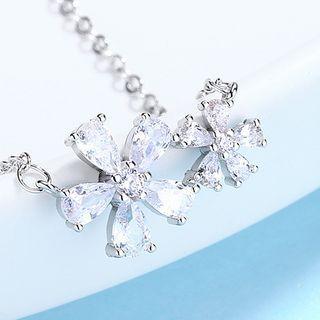 925 Sterling Silver Rhinestone Flower Pendant Necklace Flower - Silver - One Size