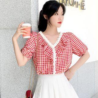 Puff-sleeve Plaid Lace Trim Chiffon Top