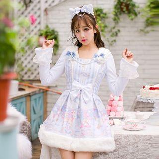 Printed Furry Trim Bow Accent Long Sleeve Dress