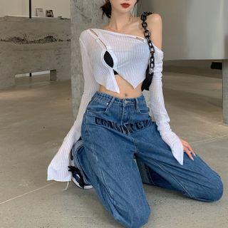 High Waist Letter Printed Straight Leg Denim Jeans