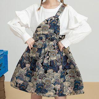 Long-sleeve Mock Two-piece Bear Print Mini Dress