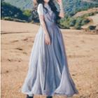 Set: Short-sleeve Plain Top + Mesh Spaghetti Strap Dress