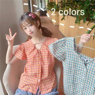 Lace-up Plaid Short-sleeve Top