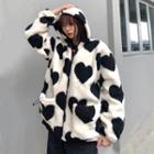Heart Print Hooded Fleece Zip-up Jacket Black & White - One Size
