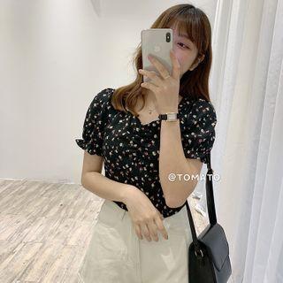 V Collar Puff-sleeved Chiffon Floral Top