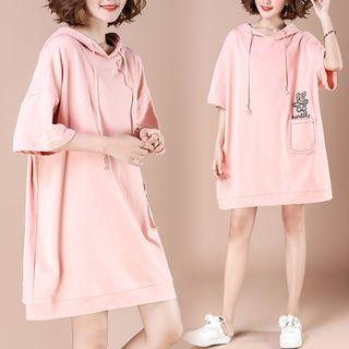Elbow-sleeve Bear Print Mini Hoodie Dress