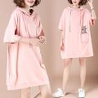 Elbow-sleeve Bear Print Mini Hoodie Dress
