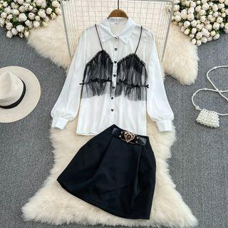 Set: Mock Two Piece Shirt + A-line Mini Skirt