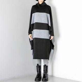 Long-sleeve Color Panel Midi Dress Black - One Size