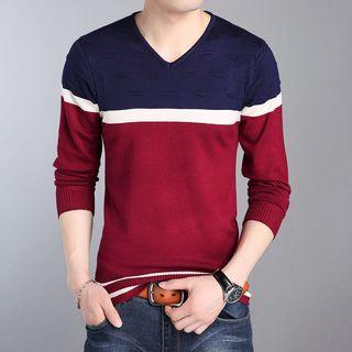 Colour Block V-neck Long-sleeve Knit Top