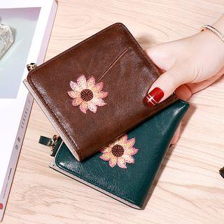 Flower Embroidered Zip Bifold Wallet