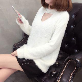 Fluffy Faux Pearl Accent Cutout Knit Pullover