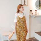 Set: Frill-sleeve Top + Floral Print Pinafore Dress