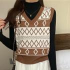 V-neck Pattern Knit Vest / Semi Turtleneck Plain Slim Fit Ribbed Top