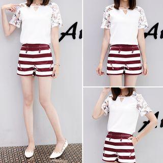 Set: Printed Panel Short-sleeve Top + Striped Shorts
