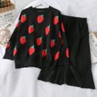 Set: Strawberry-print Loose-fit Sweater + Midi Skirt Black - One Size