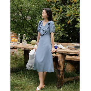 Plain Ruffle Trim Cutout-back Short-sleeve Midi A-line Dress
