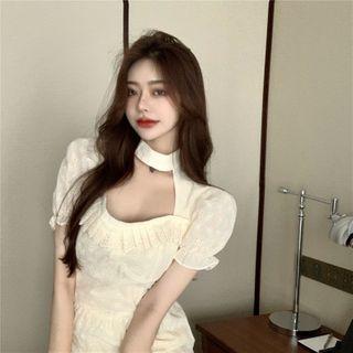 Eyelet Puff-sleeve Cutout Mini A-line Dress
