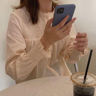 Long Sleeve Lace Trim Blouse Almond - One Size