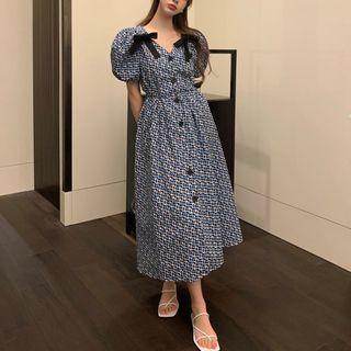 Puff-sleeve Patterned Midi A-line Dress Blue - One Size