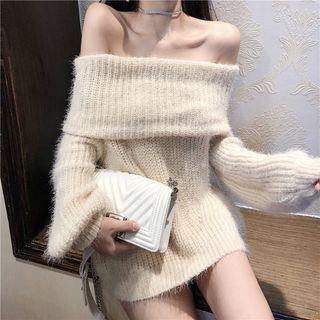 Off-shoulder Plain Loose-fit Sweater
