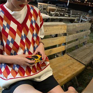 V Neck Plaid Knit Vest As Shown In Figure - One Size