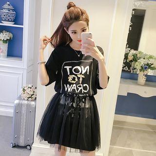Mock Two Piece Lettering Short Sleeve Mesh Overlay T-shirt Dress