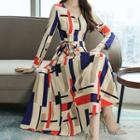 V-neck Long-sleeve Printed Midi A-line Dress